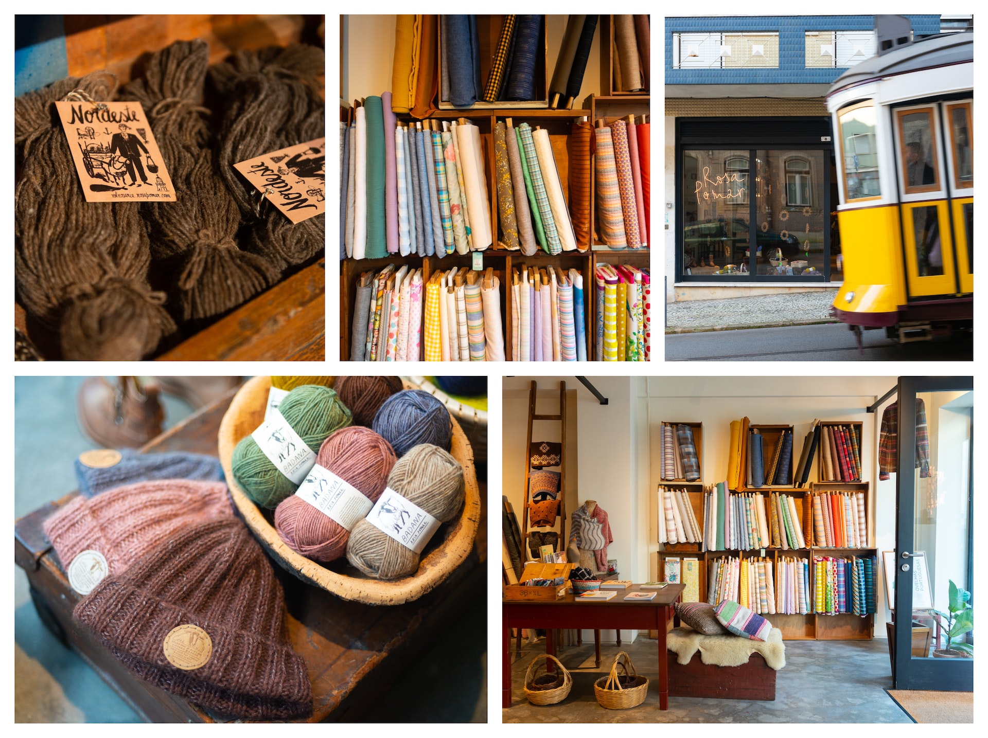 Collage of yarn and fabric at Retrosaria Rosa Pomar in Lisbon