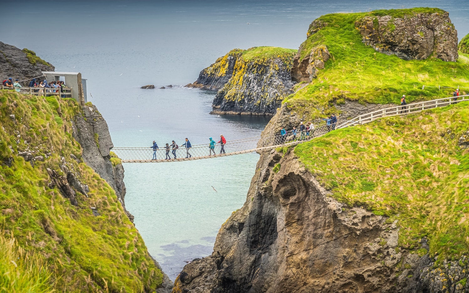 Closeup on people on the Carrick a Rede rope bridge and scenic island surrounded by turquoise Atlantic Ocean, Wild Atlantic Way, Northern Ireland