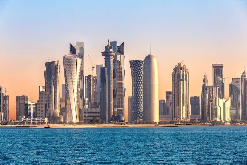 Features - Doha skyline and harbor at sunset, Qatar, Middle East