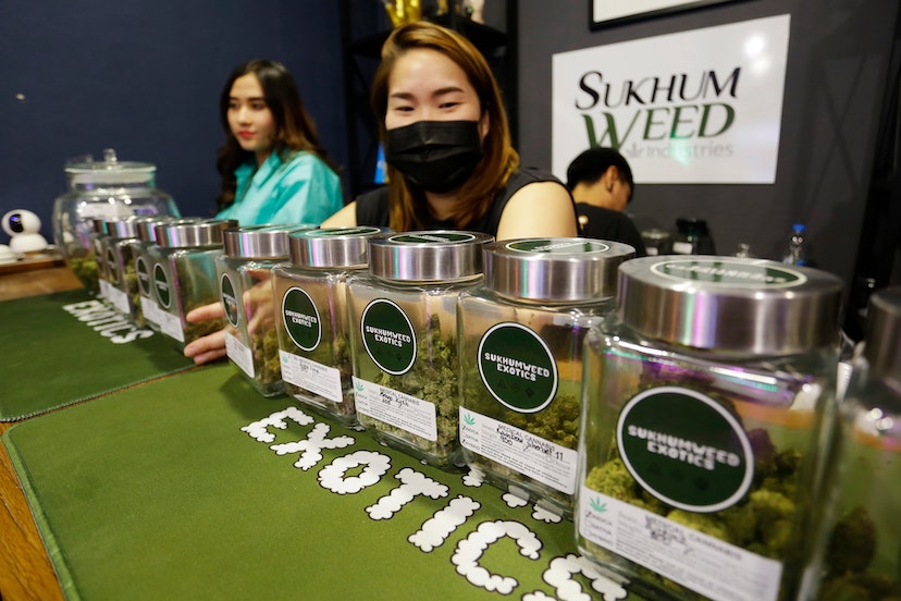 Bangkok, Thailand - July 7, 2022: Containers of marijuana flower buds are displayed in the Sukhumweed cannabis shop.; Shutterstock ID 2176046907; your: Zach laks; gl: 65050; netsuite: Online Editorial; full: Discover