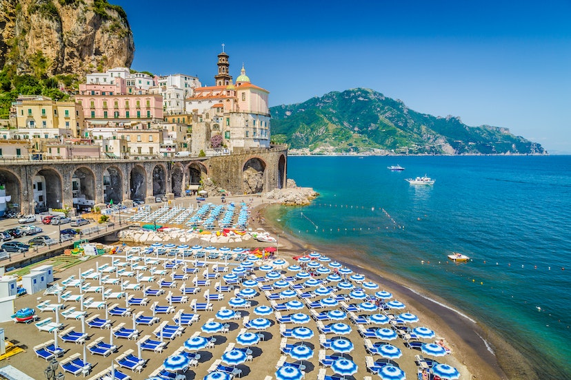 High-angle view of umbrellas on the beach at Atrani on the Amalfi Coast.